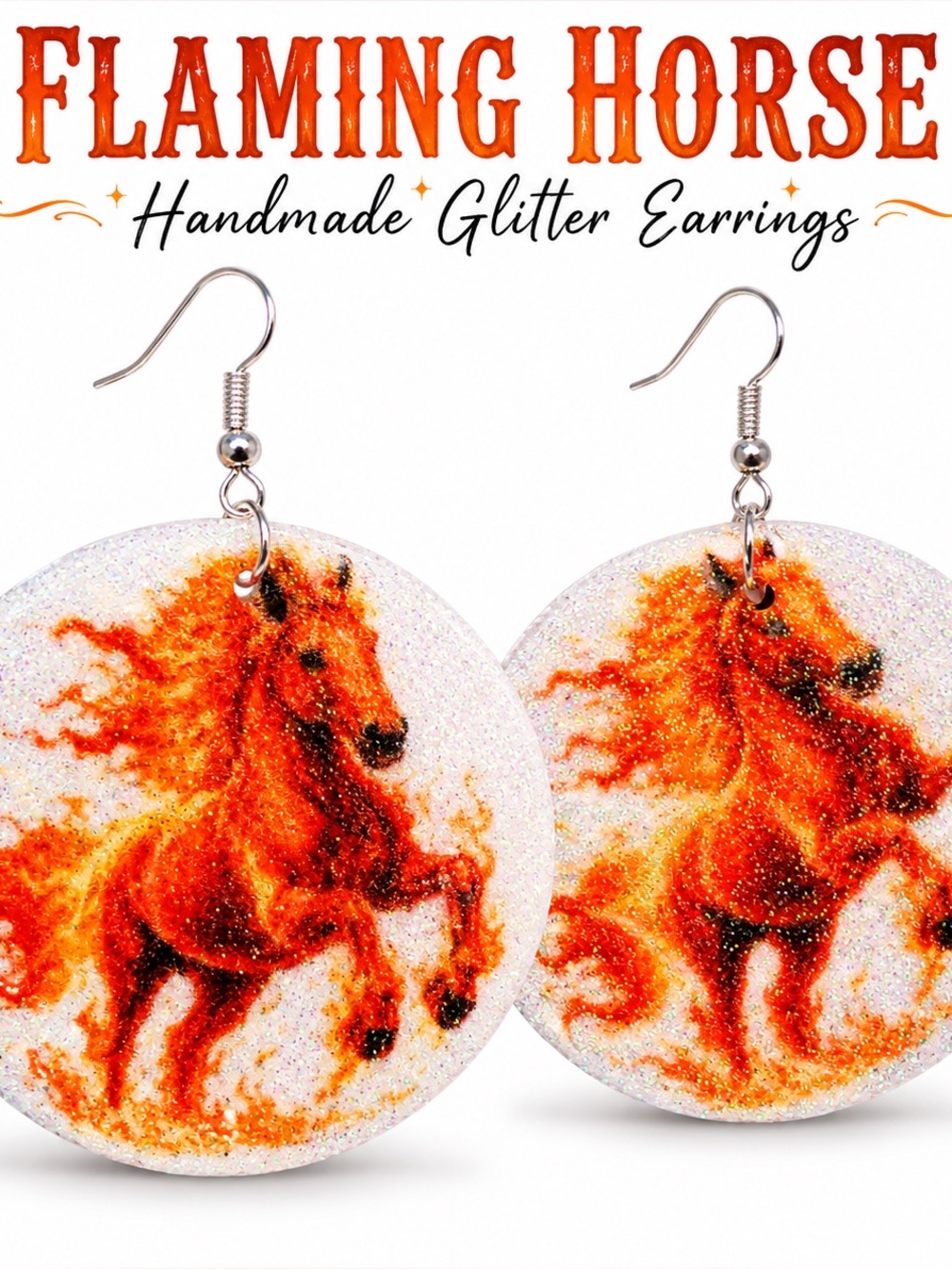 Flaming Horse Glitter Sublimation Earrings • Western Cowgirl •